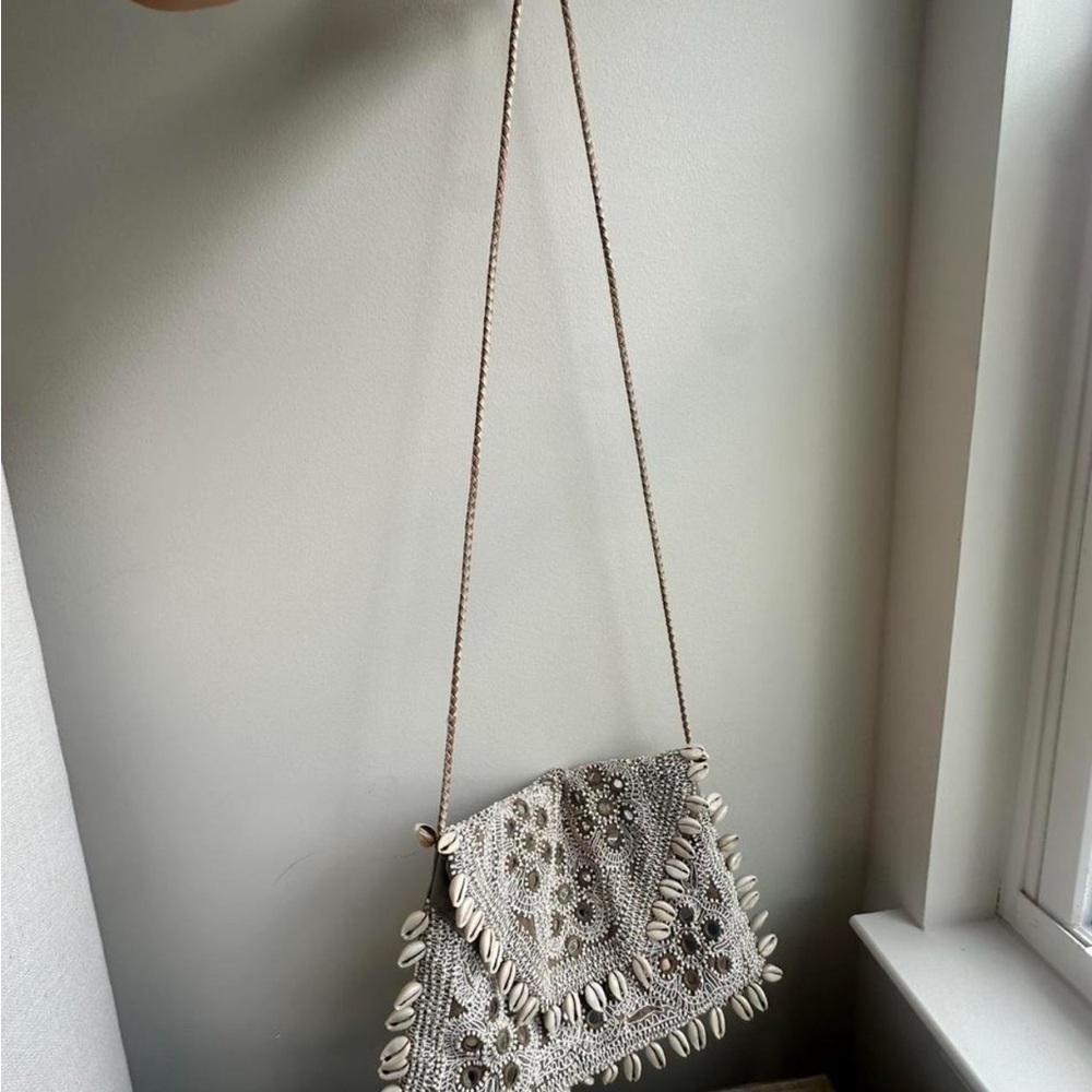 Antik Batik Boho Gray / white Crossbody Bag with seashell Detailing
